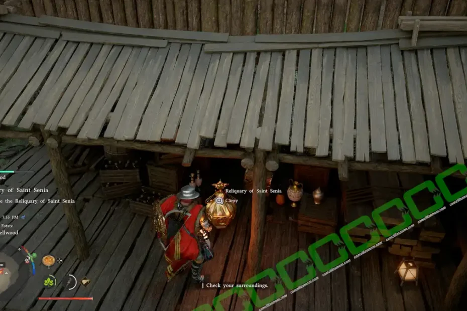 Fantasy RPG screenshot: player in red armor stands on a wooden balcony inside a rustic shack, with quest prompts reading 'Relicquary of Saint Senia' and a minimap visible in the corner.