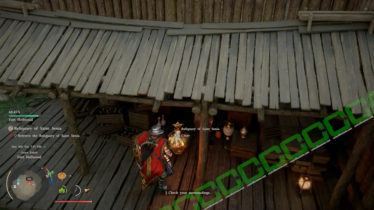 Fantasy RPG screenshot: player in red armor stands on a wooden balcony inside a rustic shack, with quest prompts reading 'Relicquary of Saint Senia' and a minimap visible in the corner. Missing Relic - Defeat Hemon - location - Crimson Desert camzillasmom.com