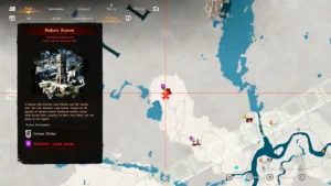 In-game map screenshot with a left-side quest panel titled Painune Beacon showing a tower image and faction info, red highlight bar above, and two faction entries: Painune Militia and Blockaded: Lonely Jackals; red crosshair centered on the map. Morning Mist - Rekindled Hope - Commander - map - Crimson Desert camzillasmom.com
