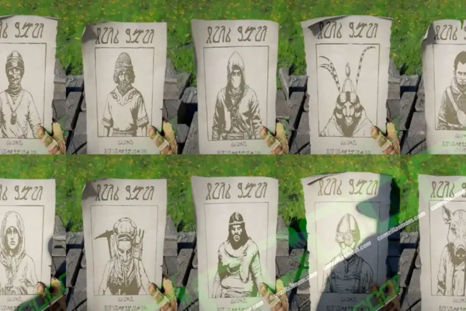 Collage of ten black-and-white illustrated wanted posters laid on grass, each showing a different character (hooded figure, warrior, archer, and other silhouettes); a hand grasps the bottom of each poster, and the word 'WANTED' appears at the top.