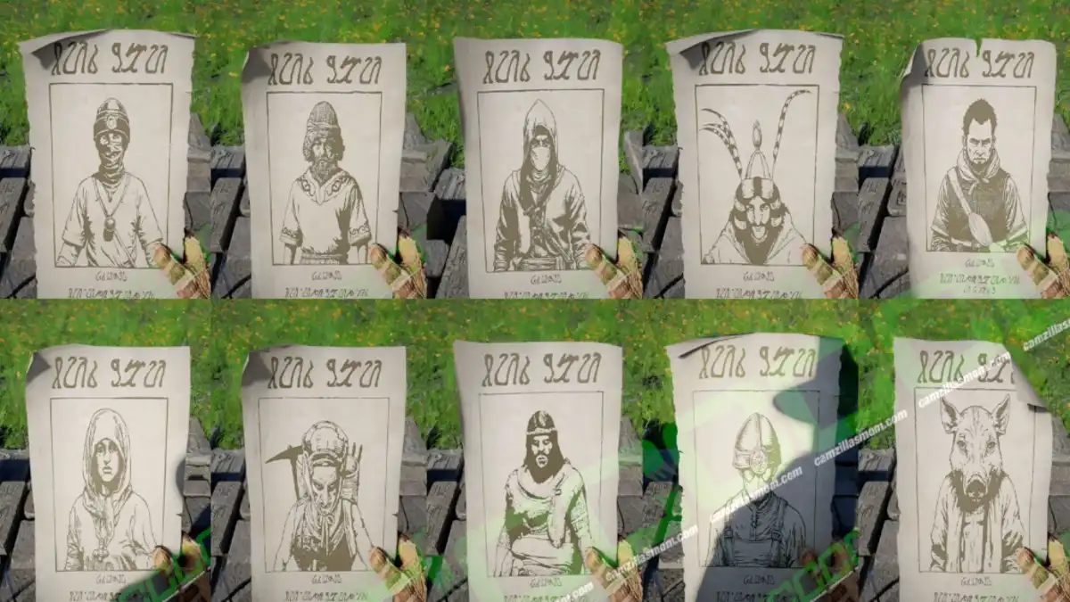 Collage of ten black-and-white illustrated wanted posters laid on grass, each showing a different character (hooded figure, warrior, archer, and other silhouettes); a hand grasps the bottom of each poster, and the word 'WANTED' appears at the top. Outlaws in Pailune Featured Image - Crimson Desert camzillasmom.com