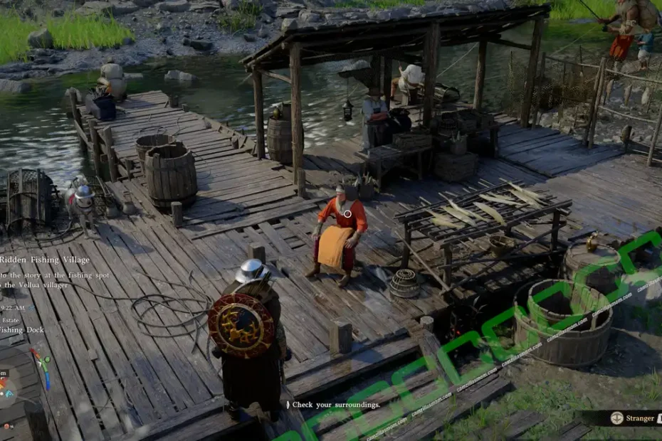 In-game wooden fishing dock with villagers, barrels, and nets; a Viking in armor stands facing a seated NPC near a thatched shelter by the water.