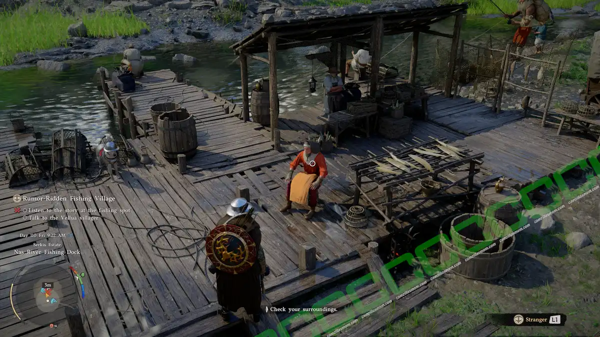 In-game wooden fishing dock with villagers, barrels, and nets; a Viking in armor stands facing a seated NPC near a thatched shelter by the water. Rumor Ridden Fishing Village - Nast River - location - Crimson Desert camzillasmom.com