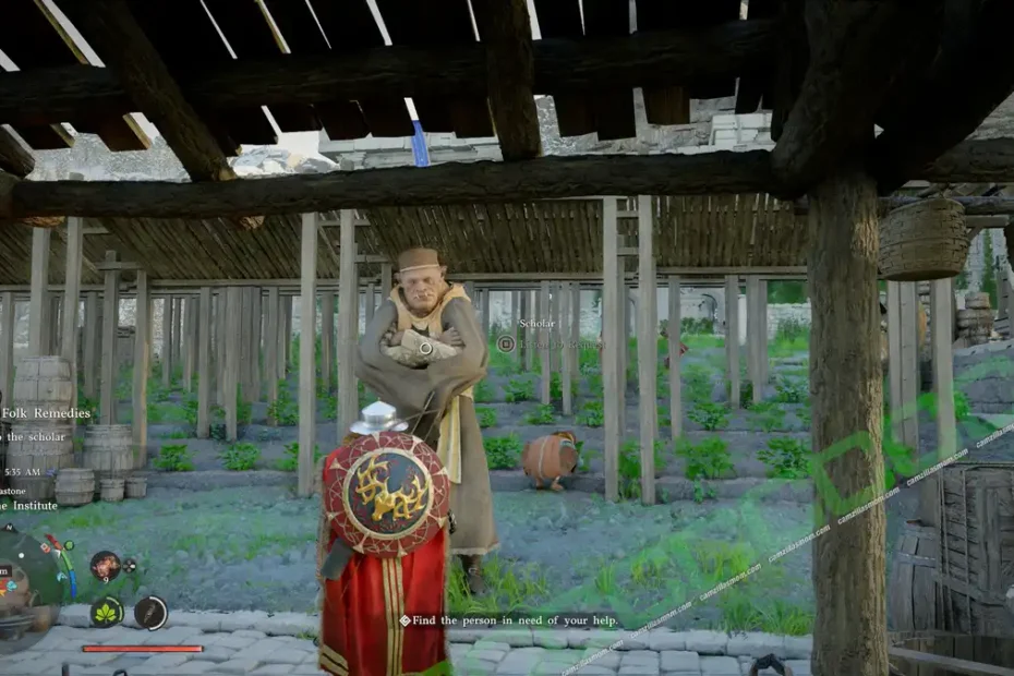 In-game scene: player character with red cape and shield talks to a scholar inside a wooden shelter, quest prompt visible to help someone nearby.