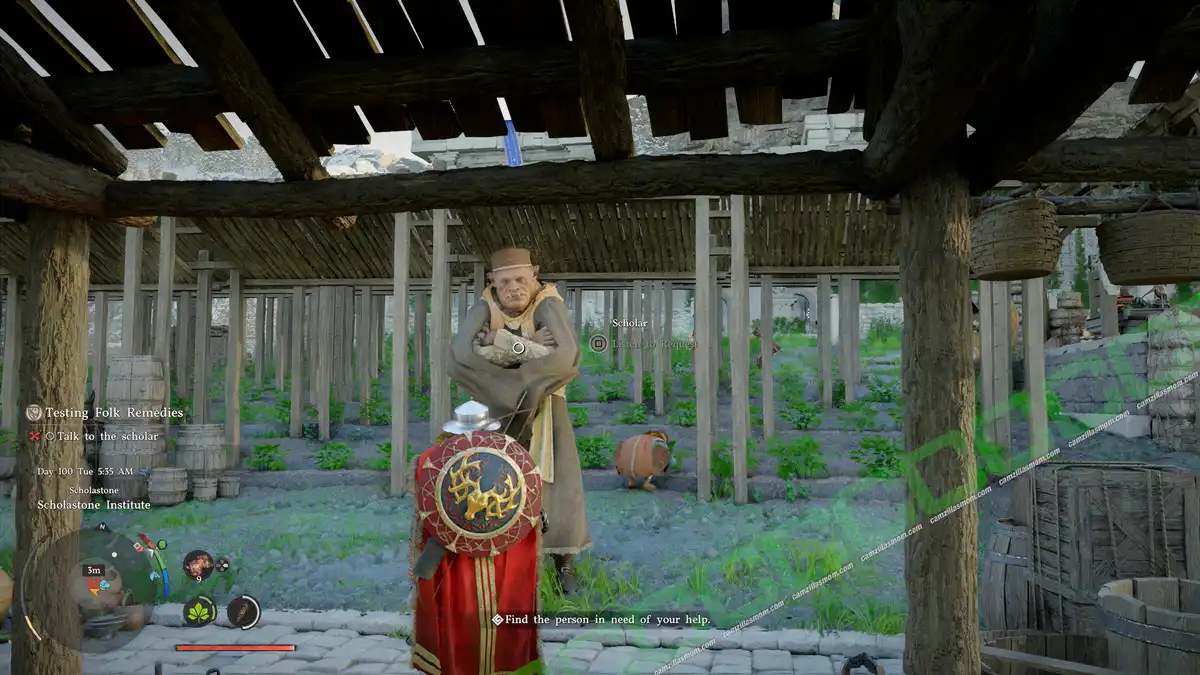 In-game scene: player character with red cape and shield talks to a scholar inside a wooden shelter, quest prompt visible to help someone nearby. Testing Folk Remedies - start - location - Crimson Desert camzillasmom.com
