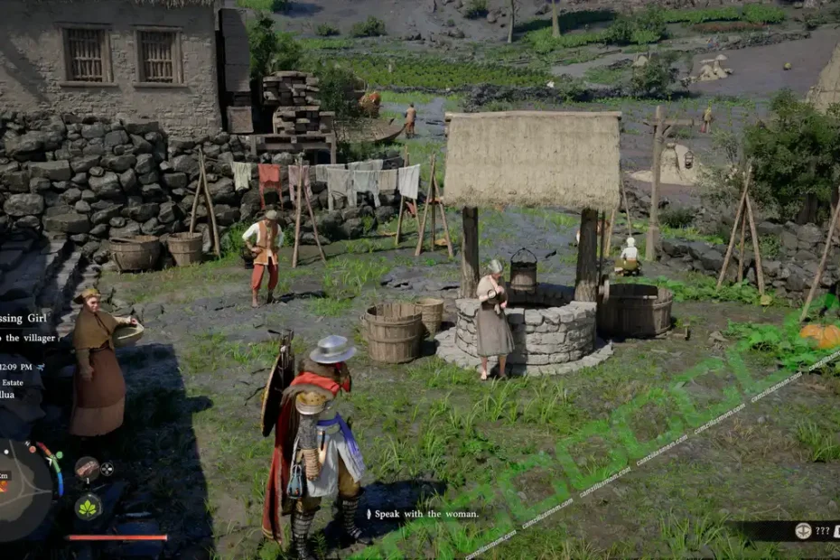 Viking warrior in armor stands near a stone well in a sunny village square, talking to a woman with villagers and laundry nearby.