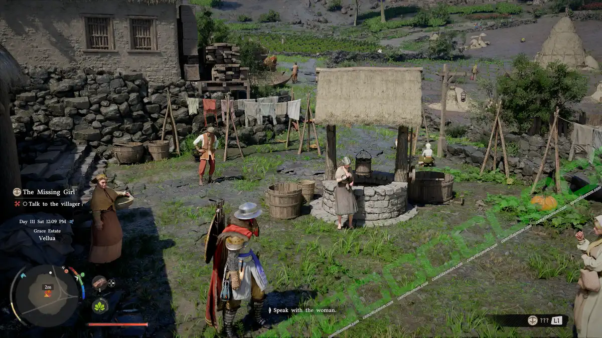 Viking warrior in armor stands near a stone well in a sunny village square, talking to a woman with villagers and laundry nearby. The Missing Girl - location - Crimson Desert camzillasmom.com