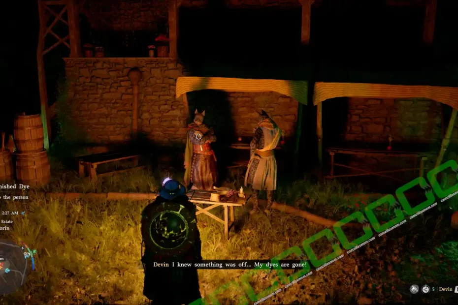 Player character stands near a wooden table talking to two NPCs beside a stone hut at night, lit by a campfire glow.