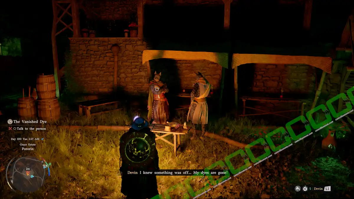 Player character stands near a wooden table talking to two NPCs beside a stone hut at night, lit by a campfire glow. The Vanished Dye - location - Crimson Desert camzillasmom.com