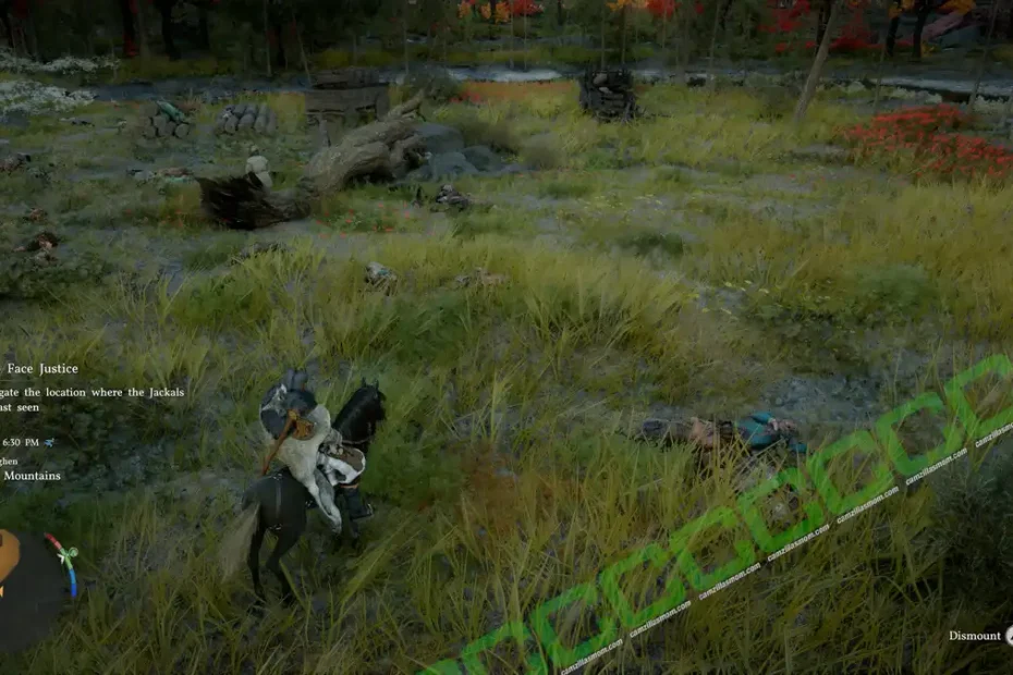 Player on horseback in tall grass near a ruined battlefield; on-screen quest text reads 'Time to Face Justice'.