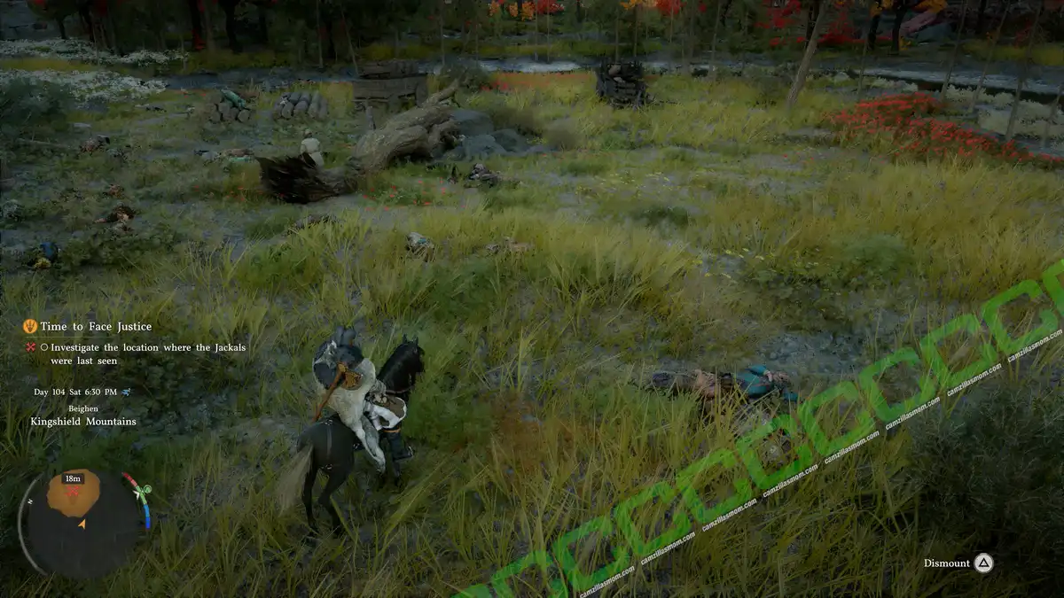 Player on horseback in tall grass near a ruined battlefield; on-screen quest text reads 'Time to Face Justice'. Time to Face Justice - Investigate the Location - Talk to Stranger - location - Crimson Desert camzillasmom.com