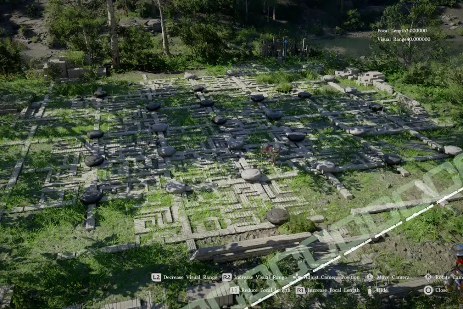 Overgrown ancient stone maze with square blocks and round stepping stones in a forest clearing; moss and grass cover the ground.