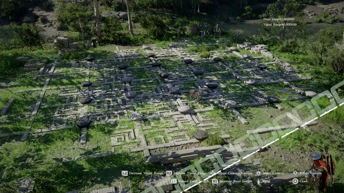 Overgrown ancient stone maze with square blocks and round stepping stones in a forest clearing; moss and grass cover the ground. Trace of Shadows - Duskwood Checkers Solution location - Crimson Desert camzillasmom.com