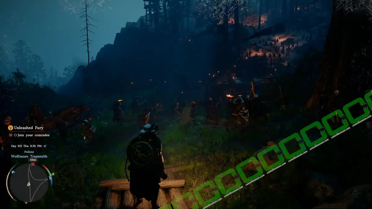 Player character stands on a wooden bench, watching a nighttime camp of torches and marching soldiers in a forested valley (video game UI visible). Unleashed Fury - start - location - Crimson Desert camzillasmom.com