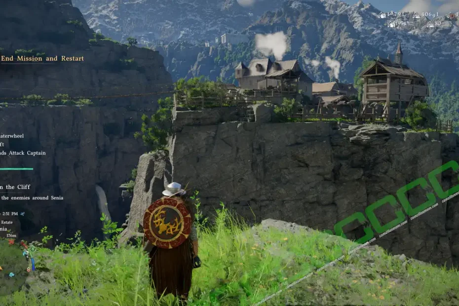 Player character in a fantasy armor stands on a grassy cliff, shield on back, overlooking a rocky outcrop with wooden houses and a small village atop the cliff. In-game UI shows mission title 'End Mission and Restart' and objective text on the left, and a minimap bottom-left.