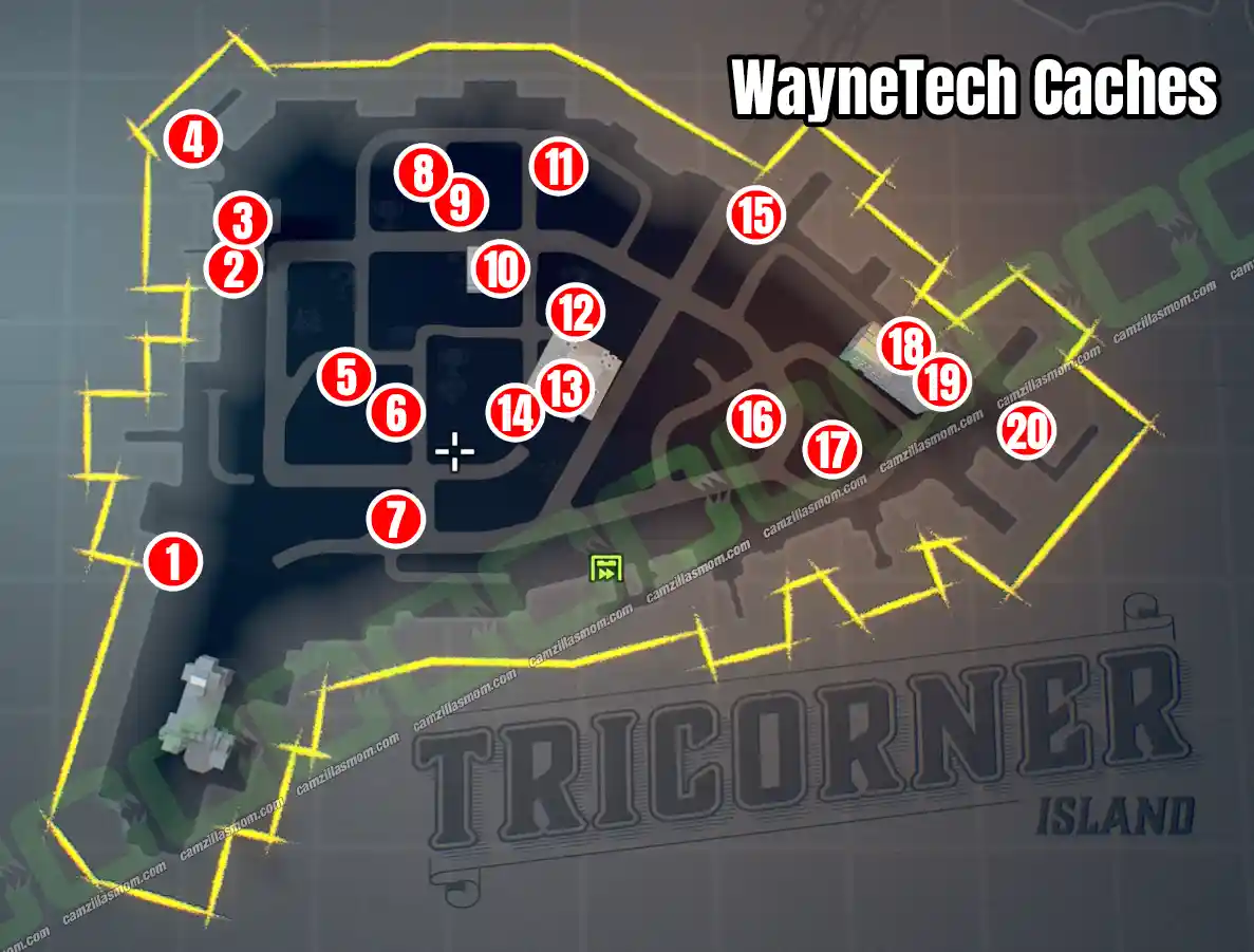 All WayneTech Caches at Tricorner - Overview Map - LEGO Batman Legacy of the Dark Knight camzillasmom.com