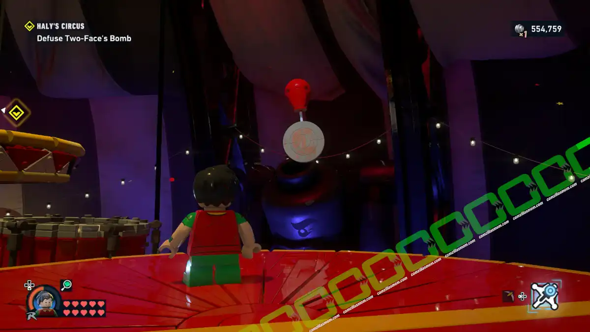 Coin 3 of 5 - Defuse Two-Faces Bomb - Halys Circus - location - map - Mission 10 - Lego Batman Legacy of the Dark Knight camzillasmom.com