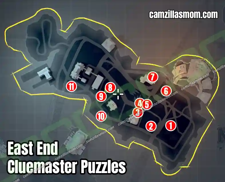 All Cluemaster Puzzles at East End - Overview Map - LEGO Batman Legacy of the Dark Knight camzillasmom.com