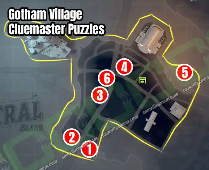 All Cluemaster Puzzles at Gotham Village - Overview Map - LEGO Batman Legacy of the Dark Knight camzillasmom.com