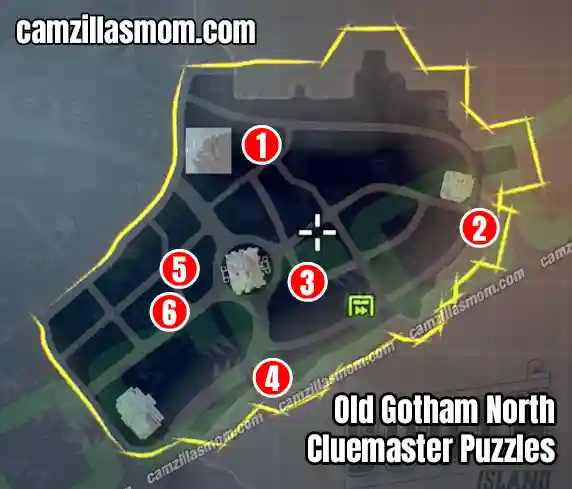 All Cluemaster Puzzles in Old Gotham North - Overview Map - LEGO Batman Legacy of the Dark Knight camzillasmom.com