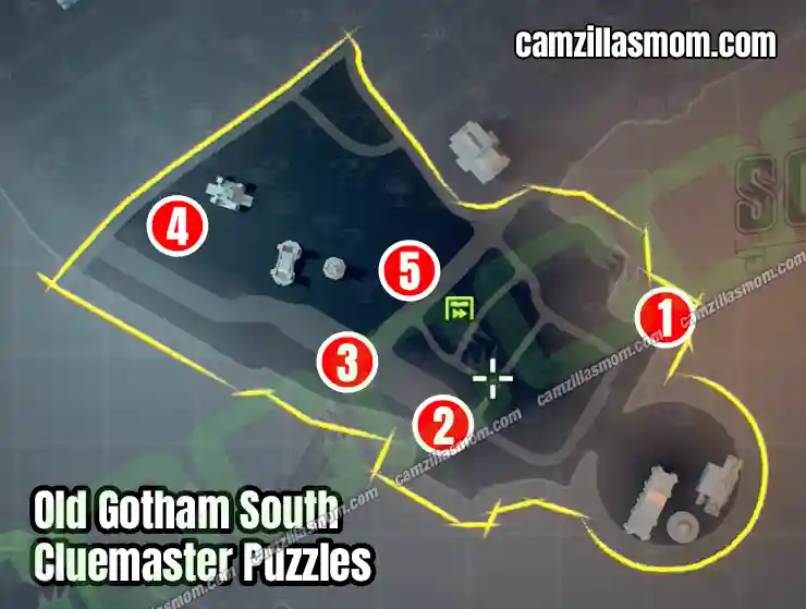 All Cluemaster Puzzles in Old Gotham South - Overview Map - LEGO Batman Legacy of the Dark Knight camzillasmom.com
