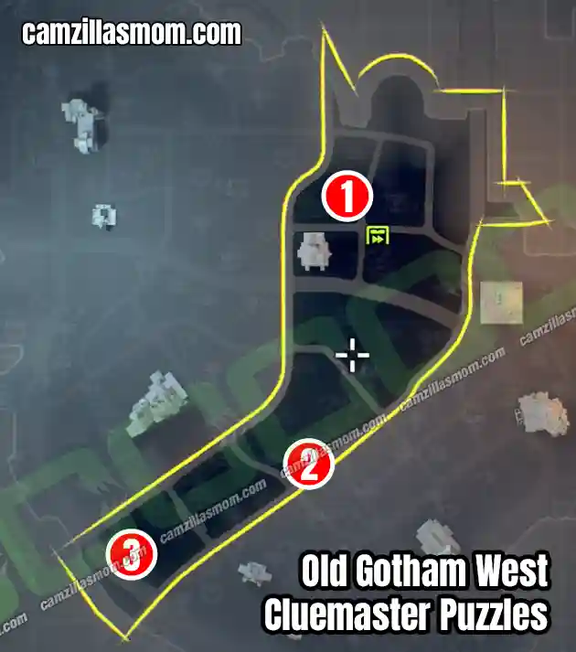 All Cluemaster Puzzles in Old Gotham West - Overview Map - LEGO Batman Legacy of the Dark Knight camzillasmom.com