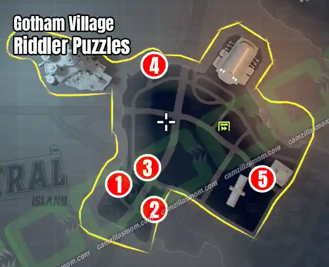 All Riddler Puzzles at Gotham Village - Overview Map - LEGO Batman Legacy of the Dark Knight camzillasmom.com