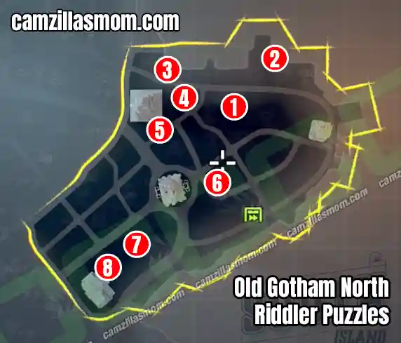 All Riddler Puzzles at Old Gotham North - Overview Map - LEGO Batman Legacy of the Dark Knight camzillasmom.com