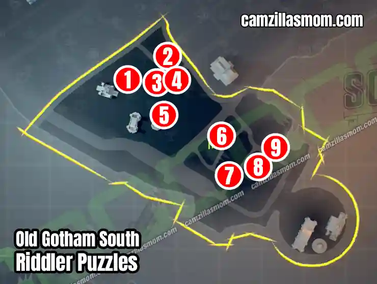 All Riddler Puzzles in Old Gotham South - Overview Map - LEGO Batman Legacy of the Dark Knight camzillasmom.com