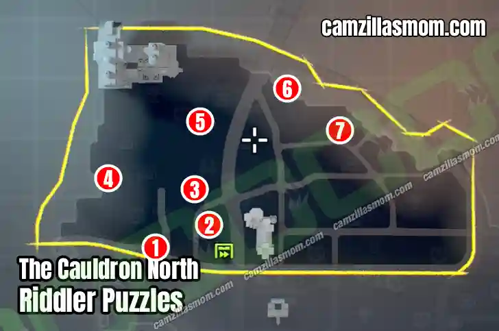All Riddler Puzzles in The Cauldron North - Overview Map - LEGO Batman Legacy of the Dark Knight camzillasmom.com