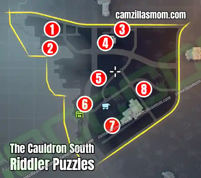 All Riddler Puzzles in The Cauldron South - Overview Map - LEGO Batman Legacy of the Dark Knight camzillasmom.com