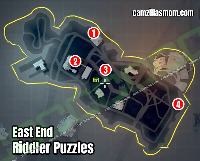 All Riddler Puzzles in the East End district - Overview Map - LEGO Batman Legacy of the Dark Knight camzillasmom.com