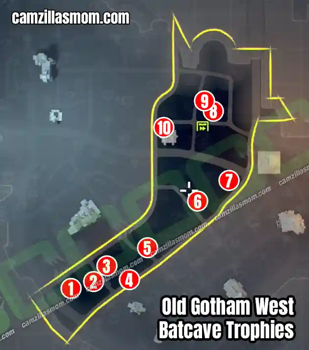 Batcave Trophies at Old Gotham West - Overview Map - LEGO Batman Legacy of the Dark Knight Overview map of all Batcave Trophy pieces for the Court Statues in the Old Gotham West district of LEGO Batman: Legacy of the Dark Knight. Batcave Trophies at Old Gotham West - Overview Map - LEGO Batman Legacy of the Dark Knight camzillasmom.com