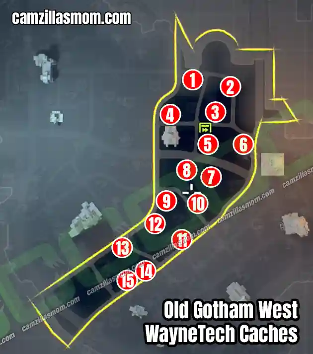 WayneTech Caches at Old Gotham West - Overview Map - LEGO Batman Legacy of the Dark Knight Overview map of all WayneTech Caches in the Old Gotham West district in LEGO Batman: Legacy of the Dark Knight. WayneTech Caches at Old Gotham West - Overview Map - LEGO Batman Legacy of the Dark Knight camzillasmom.com