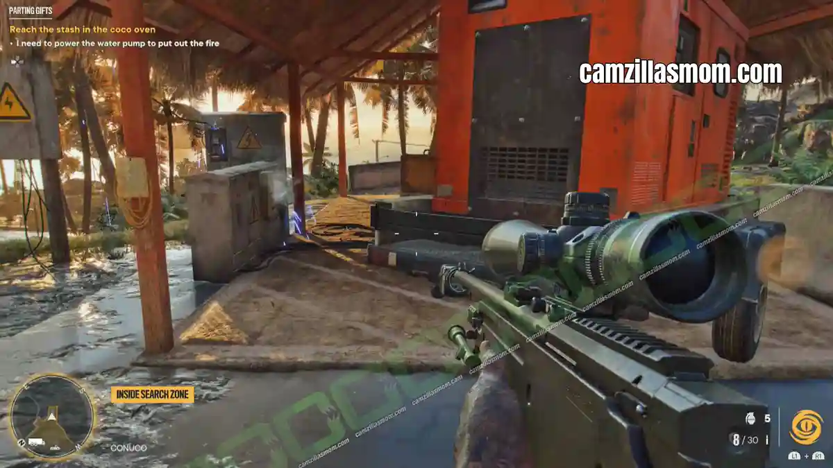 4-Parting-Gifts---Treasure-Hunt---FC6 Pushing the power generator into the hut by the blue water tank in Far Cry 6 Parting Gifts › camzillasmom.com