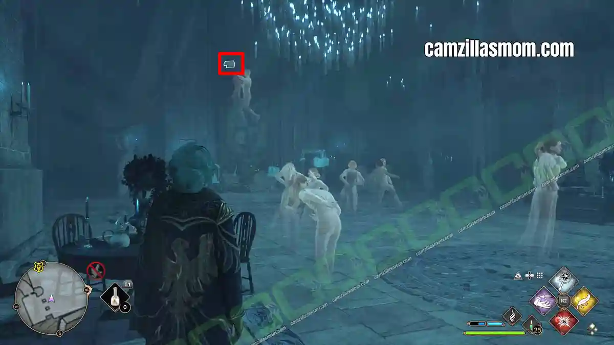 Flying-Paper-Dancing-Ghosts-location-Hogwarts-Legacy-2023-camzillasmomcom_ Flying field guide page above the dancing ghosts in the basement - Hogwarts Legacy › camzillasmom.com