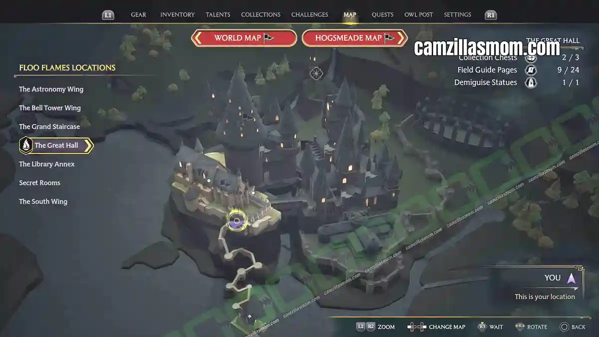Flying-Paper-Dancing-Ghosts-map-Hogwarts-Legacy-2023-camzillasmomcom_ Flying page in the Deathday Party Room marked on the map - Hogwarts Legacy › camzillasmom.com