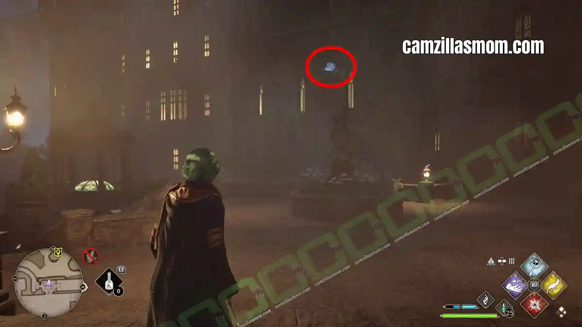 Flying-Paper-The-Great-Hall-Garden-location-Hogwarts-Legacy-2023-camzillasmomcom_ Flying field guide page circling above the Great Hall garden - Hogwarts Legacy › camzillasmom.com
