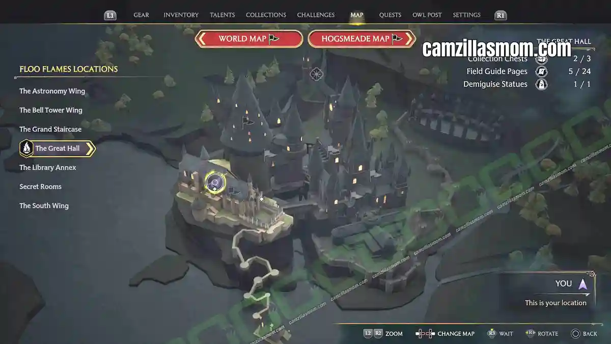 Flying-Paper-The-Great-Hall-Garden-map-Hogwarts-Legacy-2023-camzillasmomcom_ Flying page in the Great Hall garden marked on the map - Hogwarts Legacy › camzillasmom.com