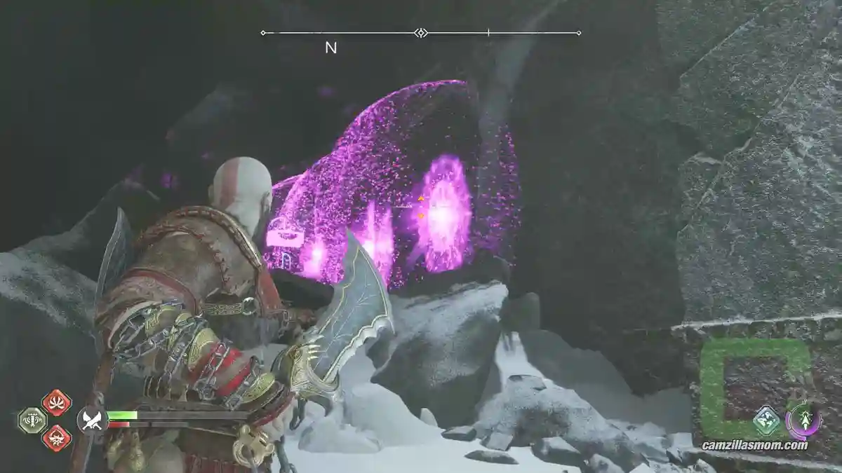 Nornir-Chest-Rune-N-location-2-The-Oarsmen-God-of-War-Ragnarok-2022 N-Rune location 2 – close-up of the N-Rune reached by a chain of pink arrows Nornir-Chest-Rune-N-location-2-The-Oarsmen-God-of-War-Ragnarok-2022 camzillasmom.com