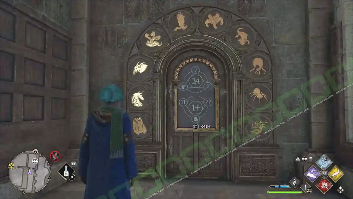 Puzzle-Door-The-Great-Hall-Dining-location-2-Hogwarts-Legacy-2023-camzillasmomcom_ Door frame creatures numbered 0 to 9 on the Great Hall Arithmancy door - Hogwarts Legacy › camzillasmom.com
