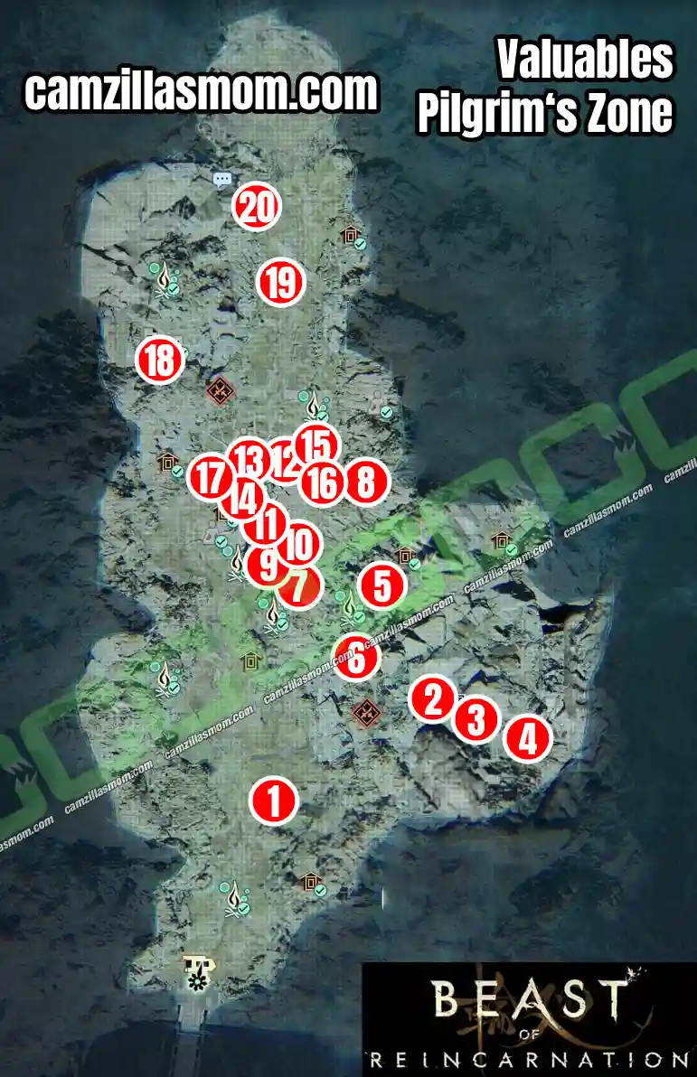 Valuables at Pilgrims Zone Beast of Reincarnation Alt text: Map showing locations of all 20 Valuables in Pilgrims Zone Beast of Reincarnation › camzillasmom.com