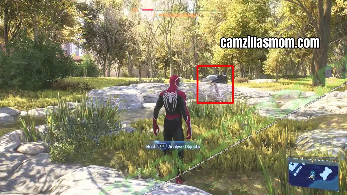 5-monster-in-queens-location-astoria-marvels-spider-man-2 Broken car with tracks and gunk by the stream in the woods in Monster in Queens in Spider-Man 2 › camzillasmom.com