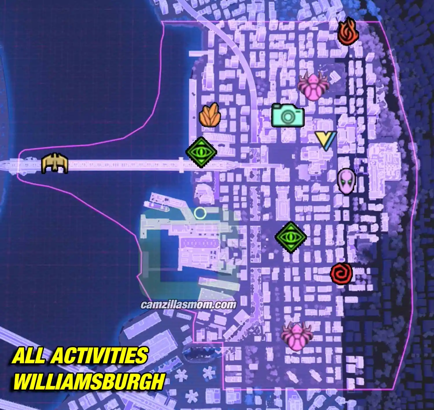 all-collectibles-location-williamsburgh-marvels-spider-man-2 Williamsburg activities map with both Spider-Bots, the Prowler Stash, Brooklyn Visions missions, Mysteriums and the Symbiote Nest in Spider-Man 2 › camzillasmom.com