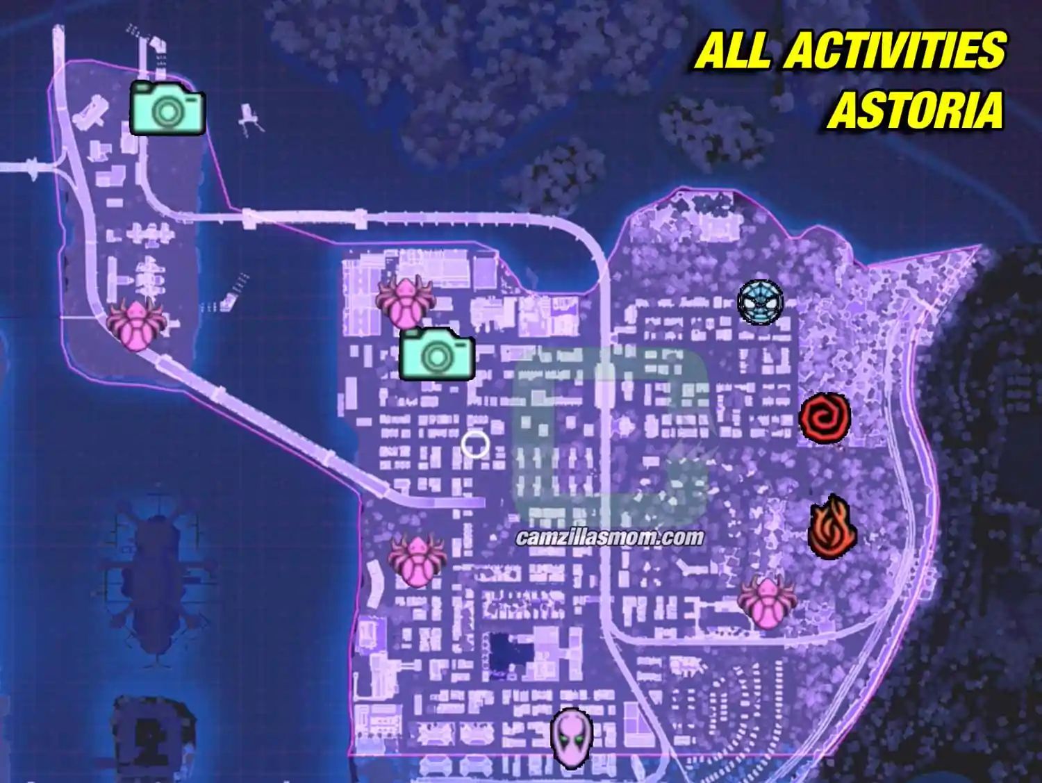 all-collectibles-overview-map-astoria-marvels-spider-man-2 Astoria activities map with all Spider-Bots, both Photo Ops, Monster in Queens, the Prowler Stash, The Flame and the Symbiote Nest in Spider-Man 2 › camzillasmom.com
