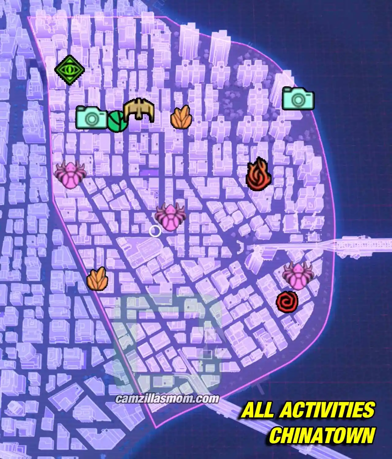 all-collectibles-overview-map-chinatown-marvels-spider-man-2 Chinatown activities map with all 3 Spider-Bots, Markos Memories, Photo Ops, The Flame, the EMF Experiment, the Mysterium, the Unidentified Target and the Symbiote Nest in Spider-Man 2 › camzillasmom.com