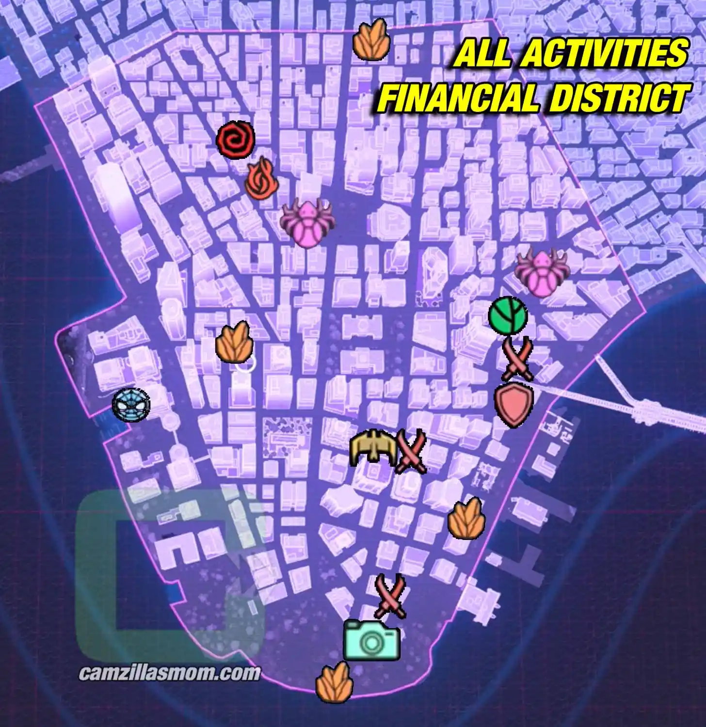 all-collectibles-overview-map-financial-district-marvels-spider-man-2 Financial District activities map with both Spider-Bots, Markos Memories, the Photo Op, Howard, The Flame, the EMF Experiment, the Hunter Blinds, the Unidentified Target and the Symbiote Nest in Spider-Man 2 › camzillasmom.com
