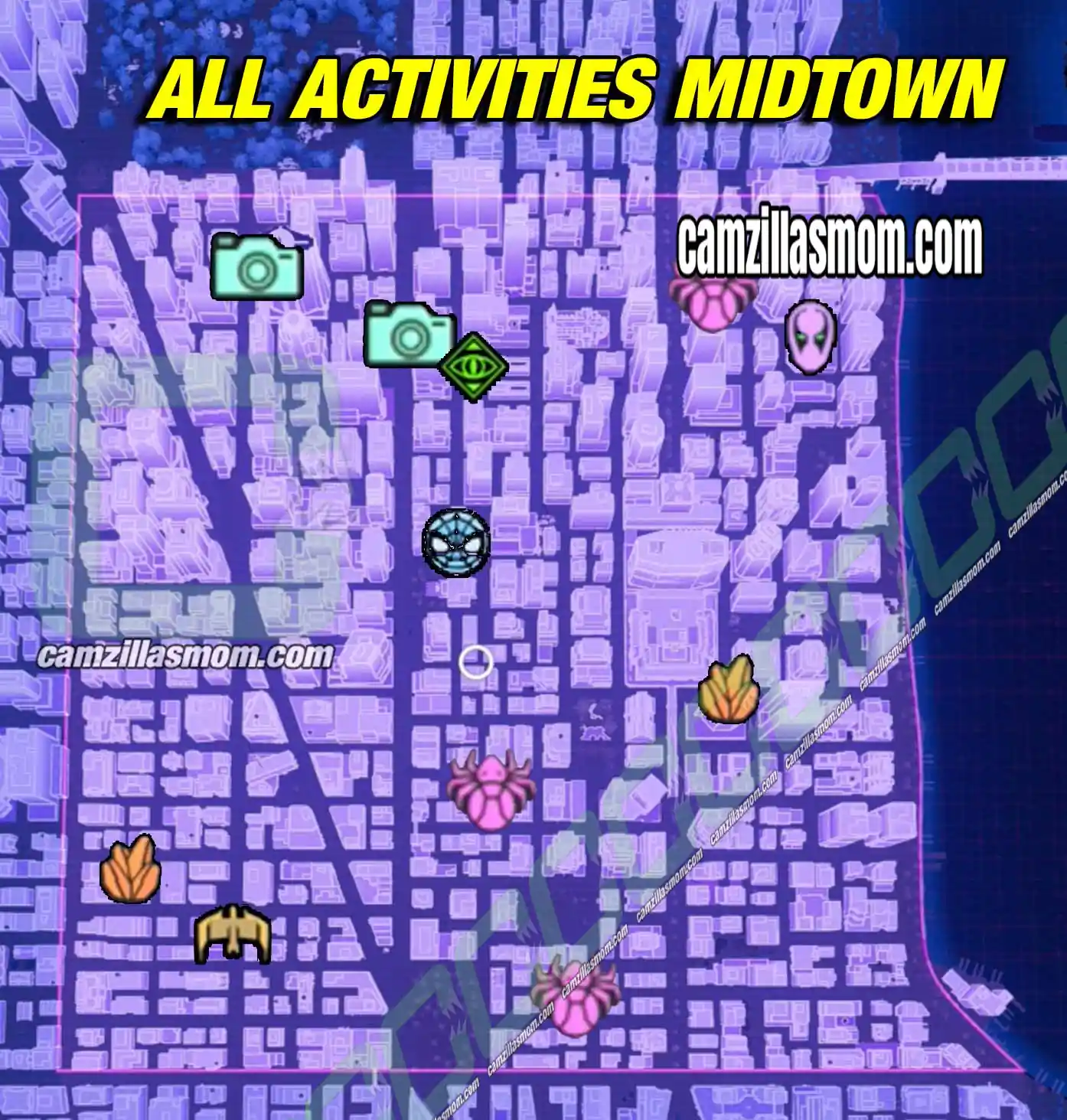 all-collectibles-overview-map-midtown-marvels-spider-man-2 Midtown activities map with all 3 Spider-Bots, both Marko Memories, the Photo Ops, FNSM Request, Prowler Stash, Mysterium and Unidentified Target in Spider-Man 2 › camzillasmom.com