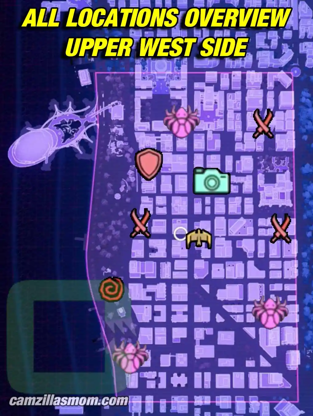 all-collectibles-overview-map-upper-west-side-marvels-spider-man-2 Upper West Side activities map with all Spider-Bots, the Photo Op, Hunter Blinds, Unidentified Target and Symbiote Nest in Spider-Man 2 › camzillasmom.com