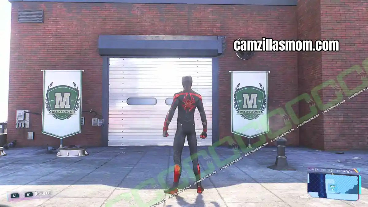 brooklyn-visions-4-locations-7-williamsburgh-marvels-spider-man-2 Garage door with the gear hiding the mascot at the end of the Senior Prank mission in Spider-Man 2 › camzillasmom.com